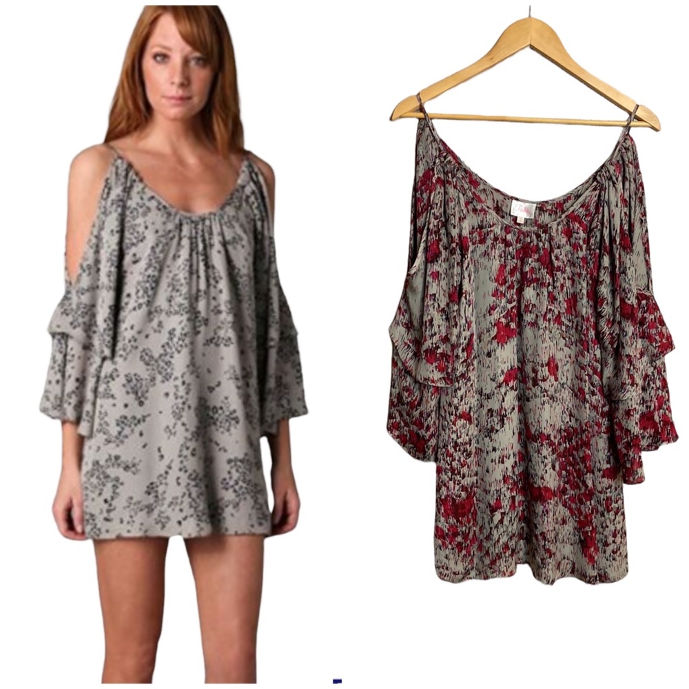 Parker Silk Cold Shoulder bell sleeve watercolor Print Dress S